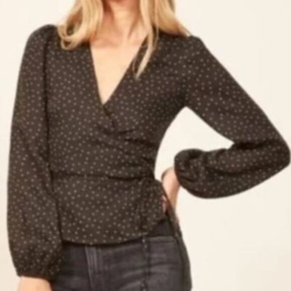 Women's REFORMATION Alaina Black and White Polka Dot Wrap Top Size XS - Picture 1 of 7